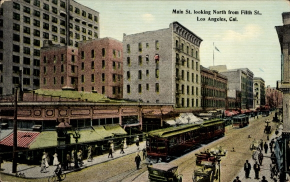 Ak Los Angeles Kalifornien USA, Main St., Blick nach Norden, Straßenbahn, Menschen, Geschäfte