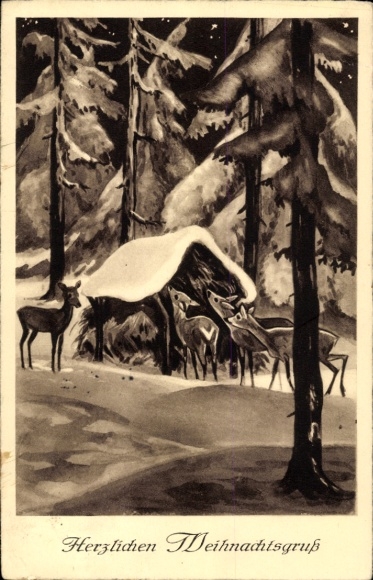 Ak Altfriedstein Niederlößnitz Radebeul, Weihnachtsgruß mit Rehen im verschneiten Wald