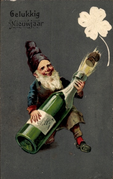 Präge Ak Fröhliches Neujahr, Zwerg mit Sektflasche, Korken, Kleeblatt