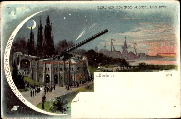 Mondschein Litho Berlin Treptow, Sternwarte, Riesenfernrohr