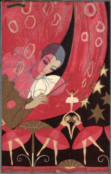 Künstler Ak Tanzende Frauen, Harlekin, Bühne