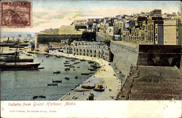 Ak Valletta Malta, Valletta vom Grand Harbour, Malta, Hafenansicht, Boote, 