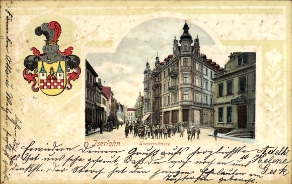 Präge Wappen Passepartout Ak Iserlohn im Märkischen Kreis, Unnaerstraße