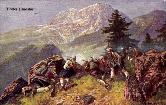 Künstler Ak Tiroler Landsturm, österreichische Soldaten, Berge, I. WK, Alpenkrieg