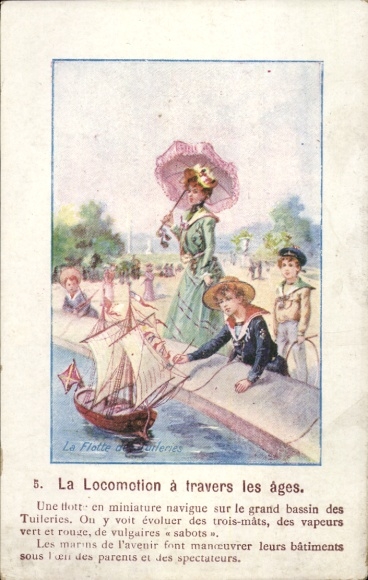 Künstler Ak La Locomotion à travers les âges, Kinder mit Miniaturschiff