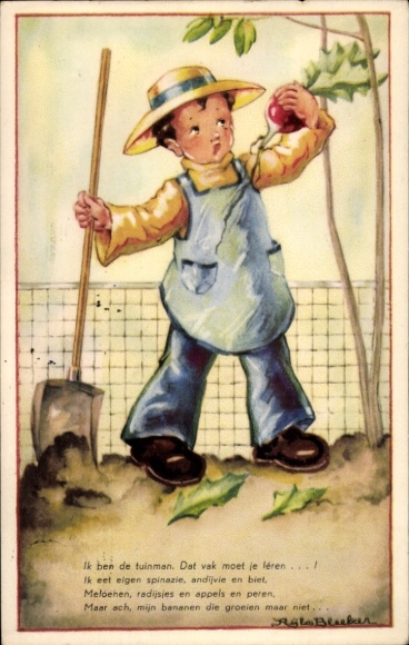 Künstler Ak Junge arbeitet im Garten, Spaten, Radieschen