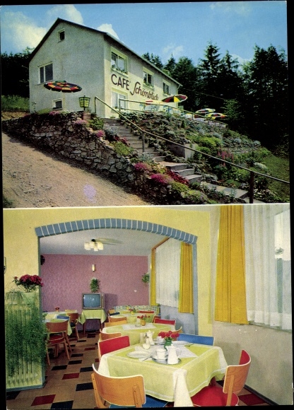 Ak Gößweinstein in Oberfranken, Café Schönblick, Außen- und Innenansicht, Fernseher