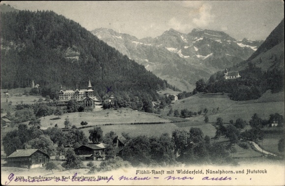 Ak Flüeli Ranft Sachseln Kt. Obwalden, Gesamtansicht mit Widderfeld, Nünalphorn und Hutstock