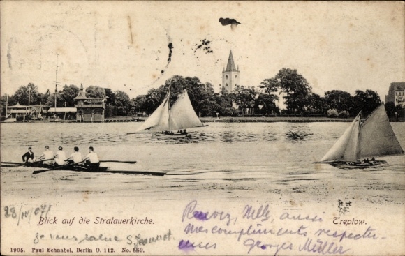 Ak Berlin Treptow, Stralauer Kirche, Ruderboot
