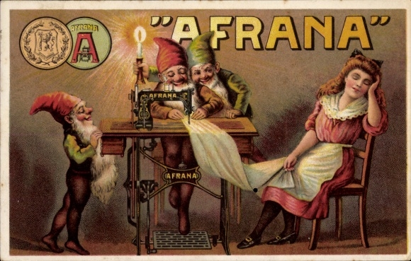 Künstler Ak Afrana, Nähmaschinen-Fabrik, Reklame, Zwerge