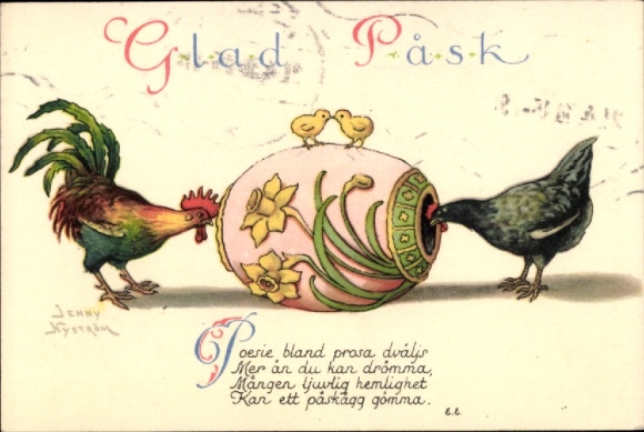 Künstler Ak Nyström, Jenny, Frohe Ostern, Hahn, Henne, Küken, Osterei
