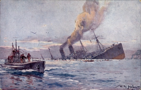 Künstler Ak Stöwer, Willy, Deutsches U Boot, Versenkung eines Truppentransportdampfers