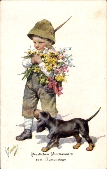 Künstler Ak Feiertag, K., Glückwunsch zum Namenstag, Junge mit Dackel, Blumenstrauß