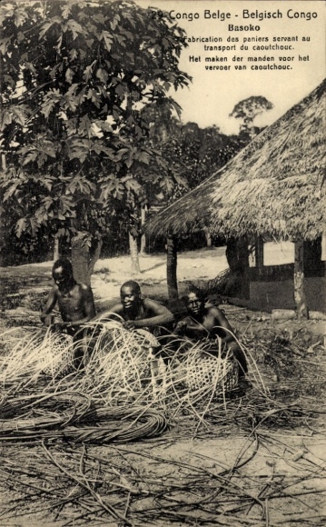 Ganzsachen CPA Basoko Congo Belge, Fabrication des paniers servant au transport du caoutchouc