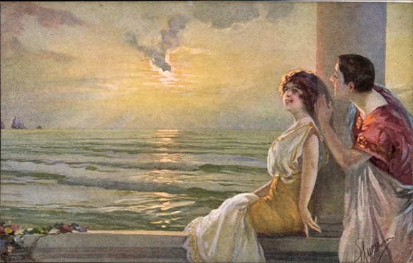 Künstler Ak Liebespaar an der Küste, Sonnenuntergang