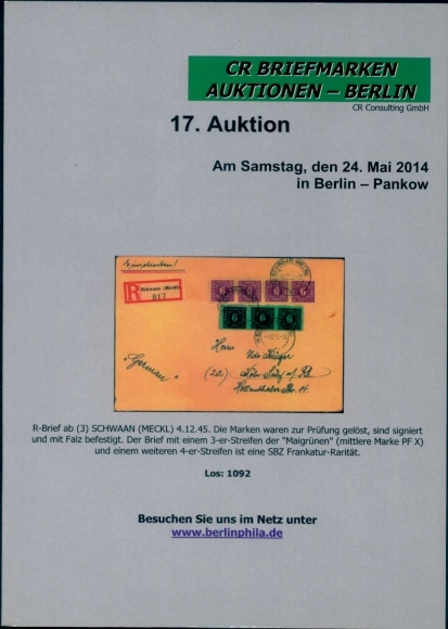 Katalog CR Briefmarken Auktionen Berlin, 17. Auktion 24. Mai 2014 Pankow