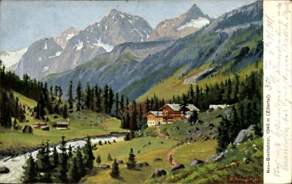 Ak Mayrhofen im Zillertal Tirol, Berglandschaft,  Neu-Breitlahner, Fluss, Gebäude