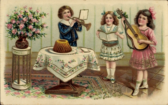 Ak Glückwunsch Geburtstag, Blumen, Kinder, Konzert zu Hause, Napfkuchen