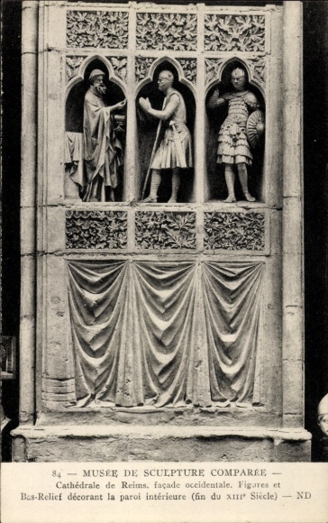 Ak Reims Marne, Skulpturen der Kathedrale von  Figuren, Bas-Relief, 13. Jahrhundert