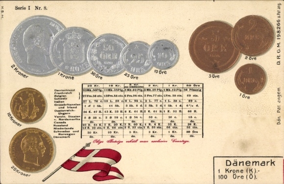 Präge Münz Ak Dänemark, Umrechnungstabelle, Kronen, Münzen