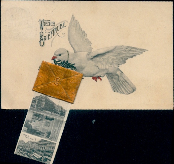 Leporello Ak Wien, Wiener Brieftaube, Teilansichten, Denkmal, Markt