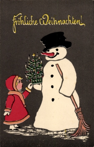 Ak Glückwunsch Weihnachten, Mädchen, Tannenbaum, Schneemann