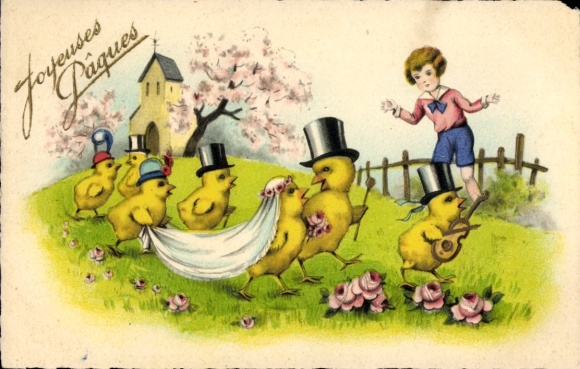 Ak Frohe Ostern, Kükenhochzeit, Kind