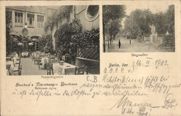 Ak Berlin Tiergarten, Siechens Nürnberger Bierhaus, Siegesallee, Sommergarten