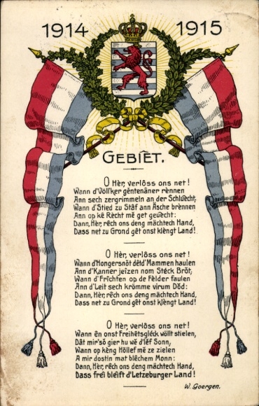 Gedicht Wappen Ak Gebiet, W. Goergen, O Her, verlöss ons net, Letzeburger Land, Luxemburg