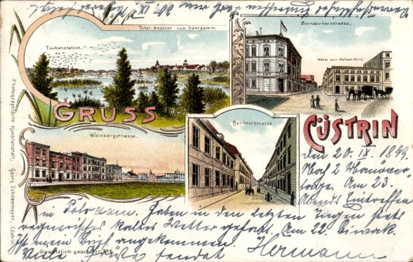 Litho Kostrzyn nad Odrą Cüstrin Küstrin Ostbrandenburg, Weinbergstraße, Berliner Str., Hotel, Tauben