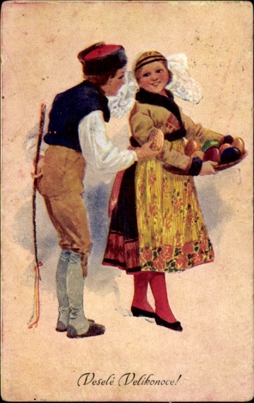 Ak Frohe Ostern, junges tschechisches Pärchen in Tracht