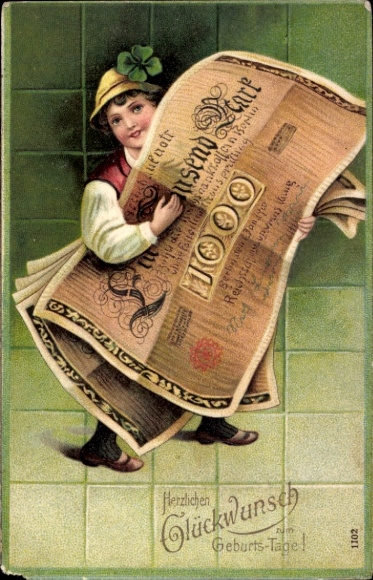 Präge Ak Glückwunsch Geburtstag, Kind mit Geldscheinen, Kleeblatt