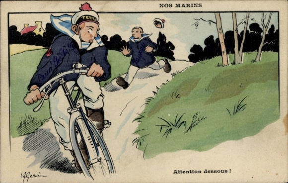 Künstler Ak Französische Soldaten, Marinesoldaten, Soldatenleben, Radfahrer