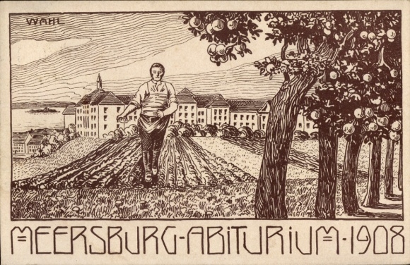 Studentika Ak Meersburg am Bodensee, Abiturium 1908, Mann sät aus, Feld