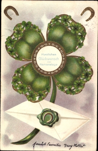 Kleeblatt Litho Herzlichen Glückwunsch Namenstage, Hufeisen