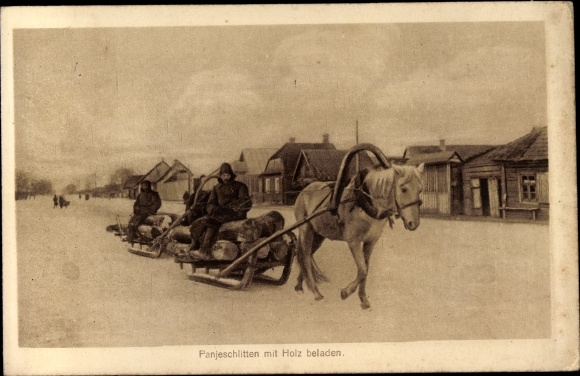 Ak Pferdeschlitten mit Holz beladen, Häuser, Transport