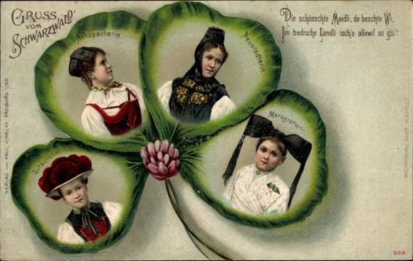 Kleeblatt Litho Trachten Schwarzwald, Gutacherin, Schapacherin, Neustädterin, Markgräflerin