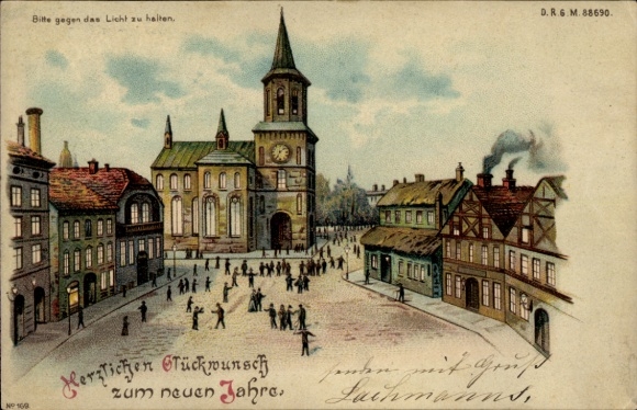 Haltgegendaslicht Litho Glückwunsch Neujahr, Kirche