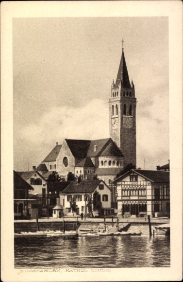 Ak Romanshorn Kanton Thurgau, Katholische Kirche, Wasserturm, Hafen, Boote