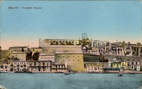 Ak Valletta Malta, Custom House, Hafenansicht, bunte Farben, historische Architektur