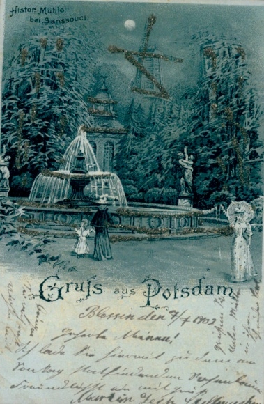 Mondschein Glitzer Litho Potsdam, Historische Mühle, Sanssouci