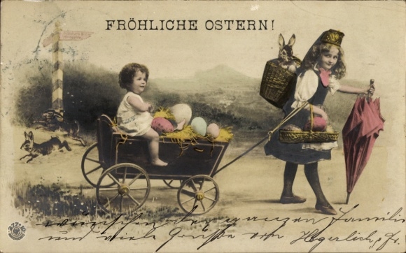 Ak Glückwunsch Ostern, Mädchen, Ostereier, Hasen