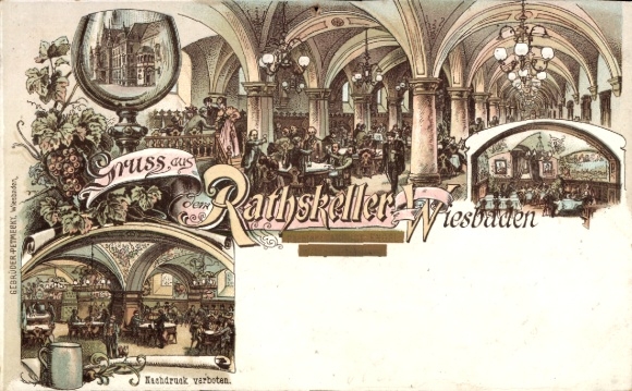 Litho Wiesbaden in Hessen, Gasthaus Ratskeller, Innenansicht