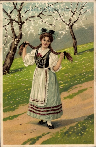 Künstler Ak Mailick, Fröhliche Pfingsten, Junge Frau in Tracht