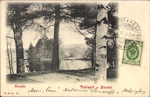 Ak Kuopio Finnland, Landschaft mit Bäumen, Wasser,  Finland, Text auf Französisch