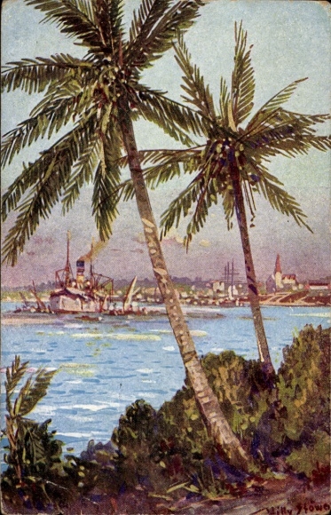Künstler Ak Stöwer, Willy, Daressalam Tansania, Kriegsschiff, Palmen, Kolonialkriegerdank