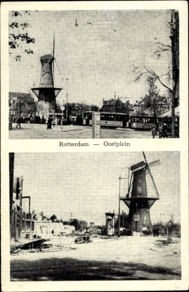 Ak Rotterdam, Oostplein, Windmühle, Straßenbahn, Ruinen, Kriegszerstörung II. WK