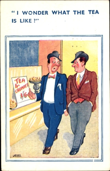 Künstler Ak Joner, zwei Männer in Anzügen vor einem Geschäft, Tee & Crumpet