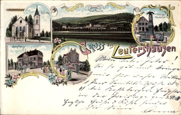 Litho Leutershausen Hirschberg an der Bergstraße, Kirche, Kriegerdenkmal, Brauerei Gebr. Förster