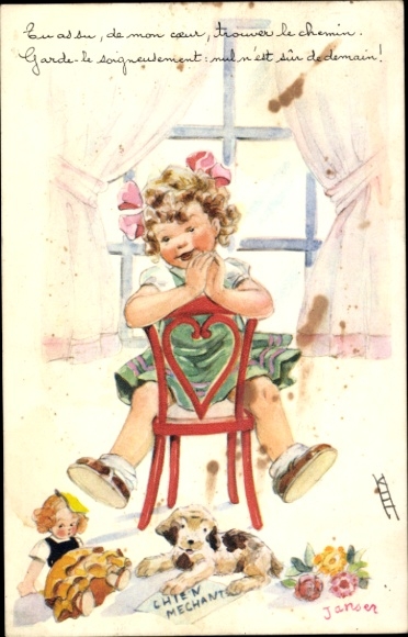 Künstler Ak Janser, Mädchen auf einem Stuhl, Puppe, Hund
